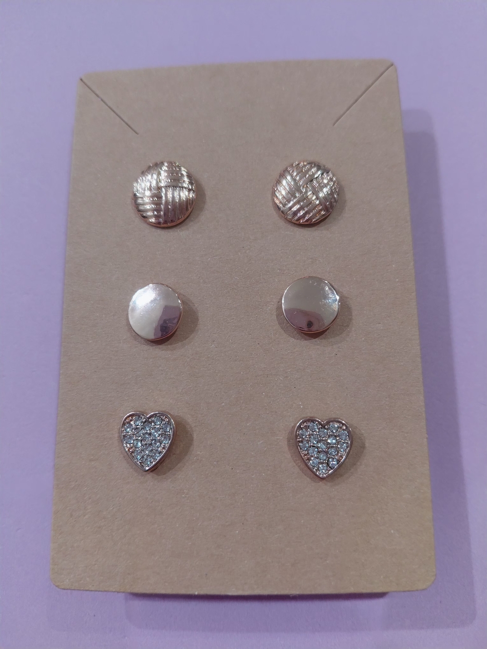 No Boundaries New  Gold Stud Earring Trio - Textured, Dome & Crystal Heart